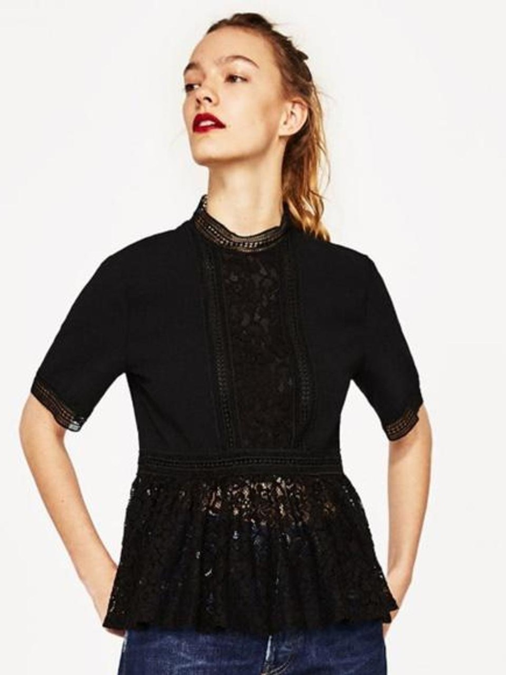 Zara Black Lace Peplum Top - Women's Short Sleeve Blouse